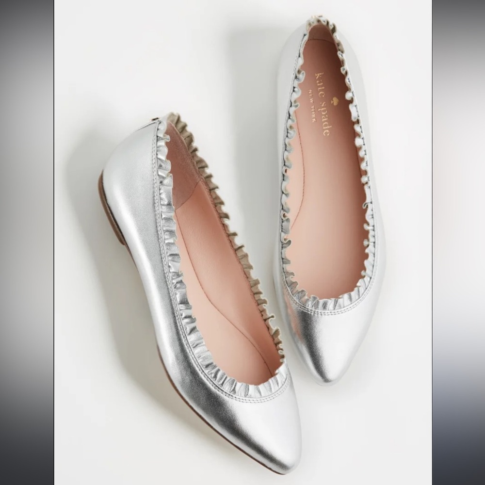 Kate Spade “Just Married” Ballet Flats with Ruffled Edge in Metallic Silver